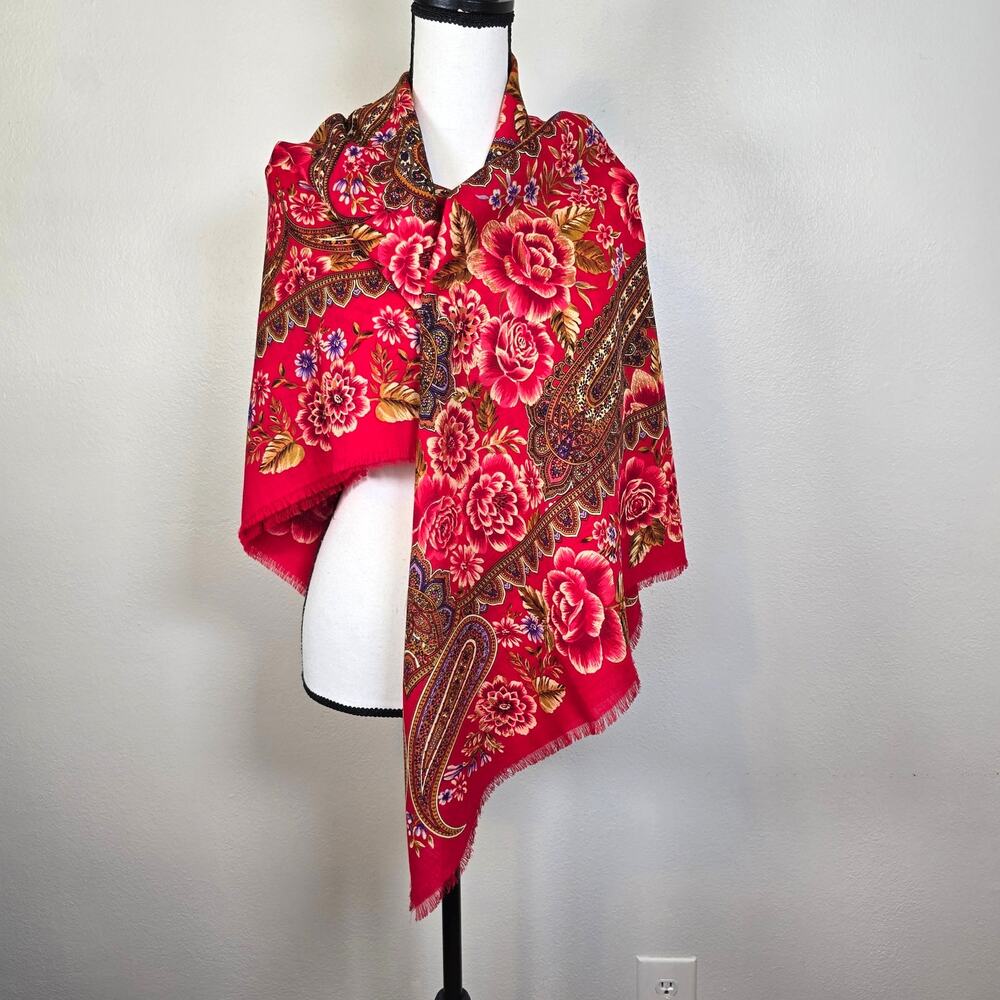 Linda Allard For Ellen Tracy Wool Square Shawl Women's Red Paisley Russian Boho